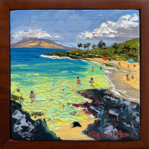 A framed square miniature oil painting depicting a vibrant Maui Kamaole beach scene with swimmers in turquoise water, sandy shores, green hills, and a blue sky with white clouds, housed in a dark brown wooden frame.